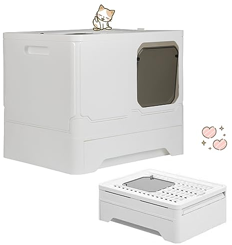 XUANYU Groß Katzentoilette mit Abdeckung, Geschlossene Katzentoilette, Groß Katzenklo mit Deckel und Schaufel, 2 Eingangstüren, Geräumig für Katzen bis 7 kg/15 lbs (Weiß L-45×35×38 cm)