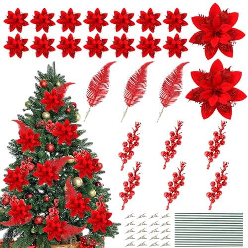 JULBEAR 25 Pcs Christmas Poinsettia Flowers, Glitter Artificial Art Flowers and Berry Leaves Christmas Ornaments for Wreath Xmas Tree Home Wedding Holiday New Year Party Decor (Red)