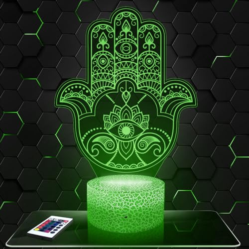 Lampephoto.fr - Lampe Hand der Fatima/Hamsa 3D Nachtlicht Islam, Koran | Made in France, Sockel & Größe wählbar, dimmbar, Batterie-/USB-Betrieb, HD-Lasergravur, Geschenk für Sie & Ihn