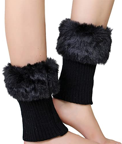IQYU Stulpen Glitzer Frauen Herbst und Winter kurz gedrehte Wolle warme Socken Stiefel Abdeckung Strickwolle Beinschutz Schuhe Elektrisch (Black, One Size)
