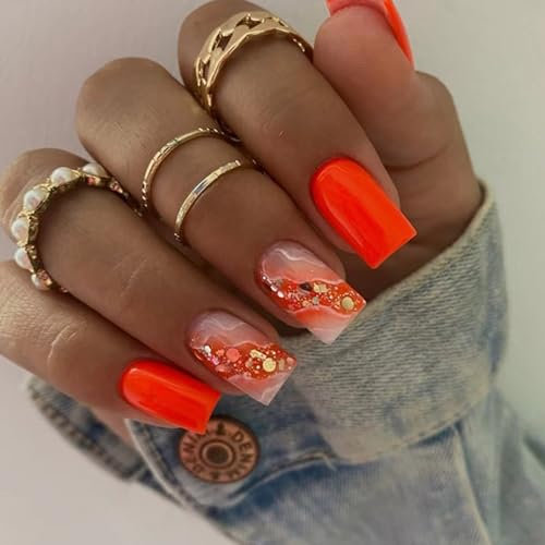 Ceboic French Tip Press On Nails: Medium, Orange Glitter, Glossy, Full Cover, Artificial, Natural, Stick On, Elegant Design, Women & Girls