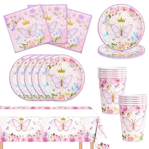 Bikasun Vajilla de Fiesta Temas Mariposa Cumpleaños Decoracion de Fiesta Kit Incluye Papel Platos Servilletas Manteles Cubiertos para Cumpleaños Infantiles Baby Shower Compromiso 10 Invitado