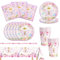 Bikasun Vajilla de Fiesta Temas Mariposa Cumpleaños Decoracion de Fiesta Kit Incluye Papel Platos Servilletas Manteles Cubiertos para Cumpleaños Infantiles Baby Shower Compromiso 10 Invitado
