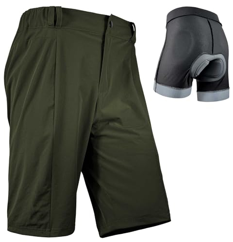 Wulibike Radhose Herren MTB Hose Kurz Fahrradhose Gepolstert 2 in 1 Mountainbike Shorts für Männer mit Polsterung Fahrrad Radfahrhose Reißverschlusstaschen Grün XXL