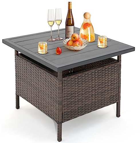 RELAX4LIFE Rattan Dining Table, Outdoor Wicker Coffee Table with Umbrella Hole & Slat Tabletop, Square Side Tea Table for Patio Garden Backyard Poolside (With 5CM Umbrella Hole)