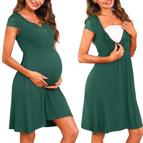 Nieery Maternity Nursing Nightdress Button Breastfeeding Nightwear Soft Lace Nursing Nightgown Cotton Loungewear V Neck Maternity Pyjamas Nightshirt for Pregnant Green XL