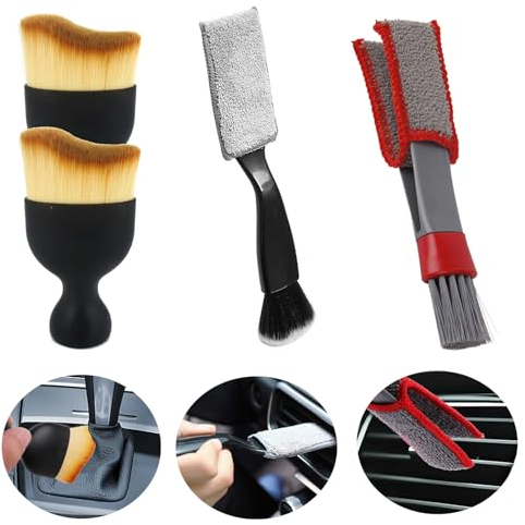 KASESSS 4Piezas Cepillo Limpieza Coche Detailing, 2 en 1 Cepillos Limpieza Coche Interior, Suave Brochas Detailing Coche, Pincel Limpieza Coche para Salpicadero de Automóvil, Rejillas de Ventilación