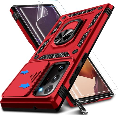 Kameraschutz Handyhülle für Samsung Galaxy Note 20 Ultra Hülle mit Displayschutz, Magnet Metall Ring Halter Note 20 Ultra Tasche Case Stoßfest Schutzhülle für Samsung Note 20 Ultra Handy (Rot)