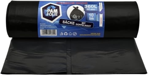 PAM-FOLIE Bolsas de basura de 360 l, 10 unidades, grandes, extrafuertes, gruesas, premium, 120 x 150 cm, 50 µm, color negro, bolsas de basura para residuos de construcción, poliestireno