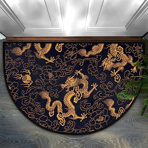 Bioputty Half Round Door Mat, Vintage Dragon Non-Slip Half Circle Area Rug Chinese Style Dragon Doormat Washable Durable Home Decor Half Moon Rug for Floor Indoor Outdoor Bedroom Kitchen Patio