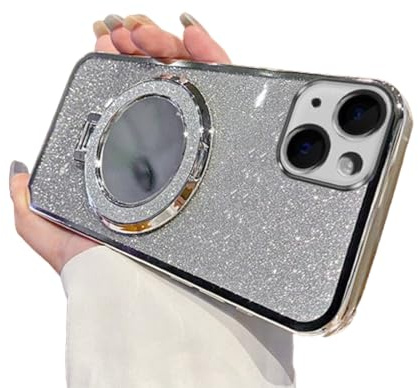IMEIKONST Handyhülle für iPhone 15 Glitzer Hülle, Galvanisierte Schutzhülle mit Make-up Spiegel Ständer Kameraschutz Bumper Stoßfest Kratzfest Cover für iPhone 15. Silber DSJ