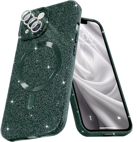 Micoden Glitzer Hülle für iPhone 13,kompatibel mit MagSafe [Diamant Kamera Schutzfolie] Kameraschutz Magnetische Handyhülle Dünne Weich Silikon TPU Case Mädchen Stoßfeste Schutzhülle,Grün