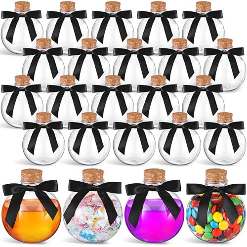 Baderke 24 botellas esféricas de plástico con lazos negros, botellas redondas de 8.5 onzas con corcho decorativo con lazo giratorio para manualidades, Halloween, Navidad, fiestas, regalos