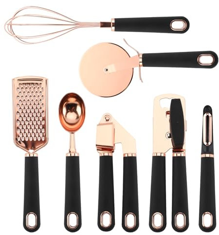 Juego de utensilios de cocina de acero inoxidable con revestimiento de cobre, 7 piezas, con asas negras suaves al tacto
