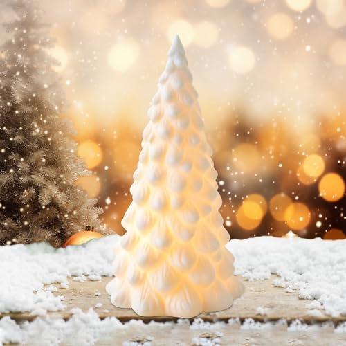 Decorazione natalizia a LED, albero di Natale con luce a LED, in porcellana, decorazione natalizia, bianco, albero di Natale in ceramica, decorazione per Natale, decorazione da tavolo (C)
