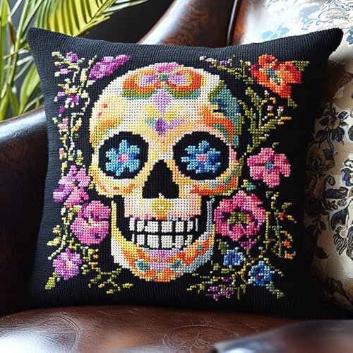 WallustrioaW Schädel Kreuzstichkissen,Totenkopf und Blumen,Stickbild vorgezeichnet Kreuzstichpackung Kissen,11CT Sticken Set,Bastelsets Handstickerei-DIY,45x45cm