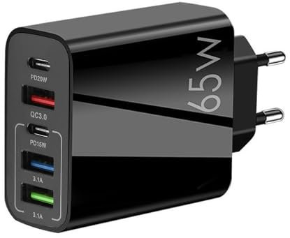 USB C Ladegerät Mehrfach 65W 5 Port Schnellladegerät PD 3.0, PD+3USB 5V 2,4A Ladegerät Mehrfach Kompatibel mit iPhone 15-11, iPad, Samsung Galaxy S24/S23/S22/S21, Xiaomi, Huawei, Schwarz