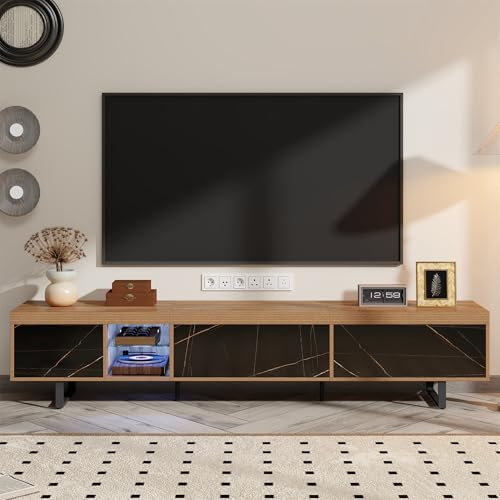 Elegante Mueble TV con Estantes de Cristal e Iluminación LED, Mueble de TV Bajo con Puertas Efecto Mármol, Suporte TV 190cm para Televisores de Hasta 75 Pulgadas, Superficie Gruesa, Acabado Nogal