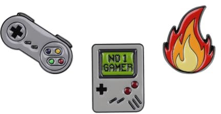 Gaming Console Themed Gift Set Collection Of 3 Pin Badges Including A Classic Grey Gaming Pad, No 1 Gamer Grey Handheld Games Console And A Flame