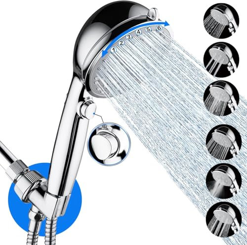 VewePata Handbrause mit 6+1 Strahlarten, Hochdruckbrause mit wassersparendem Ein-/Ausschalter (Silber-Duschkopf)