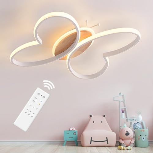 Dythwron Kinderzimmer Lampe Decke, 38cm Kinderzimmerlampe Mädchen, 40W LED Deckenlampe Kinderzimmer mit Fernbedienung mit Nachtlichtfunktion, Schmetterling Deckenleuchte für Kinderzimmer (Weiß)