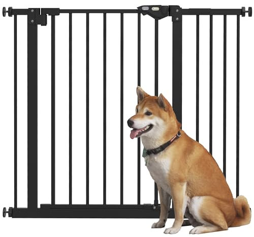 PawHut Barrière de sécurité Animaux 74-94 x 77 cm avec Porte Fermeture Automatique système de Double Verrouillage sans perçage avec 1 Extension Noir