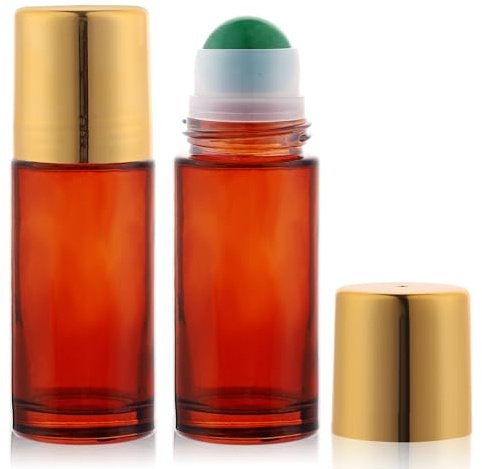 RAMFIYN 2 pack 1.7oz Large Amber Glass Roll on Bottles for Essential Oils Perfume Refillable Roller Ball Applicator Empty Deodorant Containers with Green Crystal Rollerball