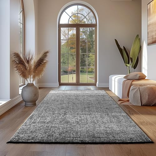 Teppium Baumwolle Chenille Teppich Grau 160x230 cm Waschbar, Boho-Stil, Vintage Kelim, Kurzflor, rutschfest & Weich, Einfarbig Meliert, Für Wohnzimmer, Schlafzimmer, Büro & Küche