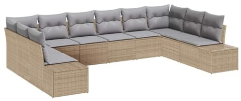 vidaXL 10-teiliges Garten-Sofa-Set mit Kissen in Beige aus Poly Rattan – perfekte Sitzgelegenheit für die Terrasse. Das großzügige, modulare Design ist modern und UV-beständig.