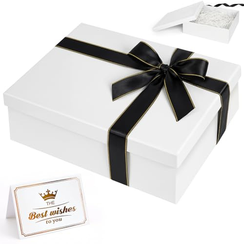 Samlior Geschenkbox 25x18x8,5cm, Geschenkkarton mit Deckel, Faltbar Geschenkboxen mit Grußkarte Raffiabast und Schleife für Geburtstag Hochzeit Jubiläum Weihnachten- Weiß