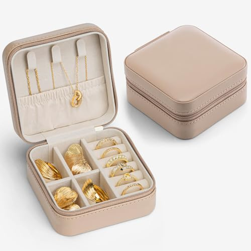 VLANDO Schmuckkästchen Reise, Schmuckaufbewahrung Klein,Geschenk für Damen | Urlaub Must Haves, Travel Essentials, Für Halsketten, Ringe, Kompakt Leicht,Weiches Samtfutter, Cappuccinofarben