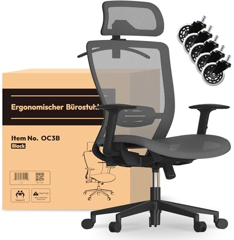 FLEXISPOT OC3 Ergonomischer Bürostuhl, Schreibtischstuhl mit Verstellbarer Kopfstütze & Lendenstütze, Rückenlehne 90–130° mit 3 Arretierungen, Atmungsaktiver Drehstuhl mit Grummirollen Grau