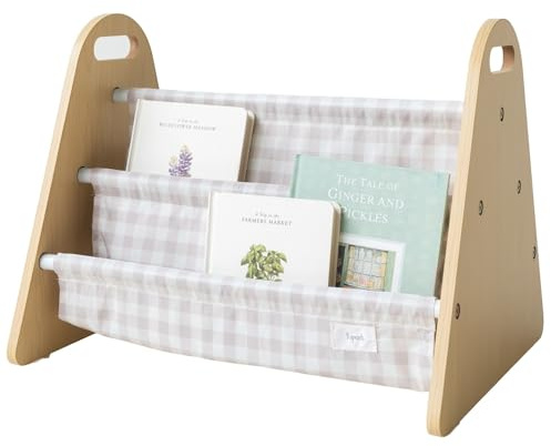 3 Sprouts Bücherregal Kinder, tragbar, doppelseitig, Gingham Beige | beidseitige Ablagen Bücher frontal sichtbar für Kinderzimmer, Lesen und Spiel kindgerechte Höhe flexibel aufstellbar