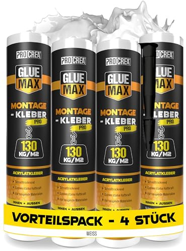 PROCREA® 4x Montagekleber Pro [Extra stark bis 130 kg/qm] Bau- und Kraftkleber für saugende Materialien - für innen & außen - Styropor, Akustikpaneele, Sockelleisten, Holz, Stein, Fliesen uvm.