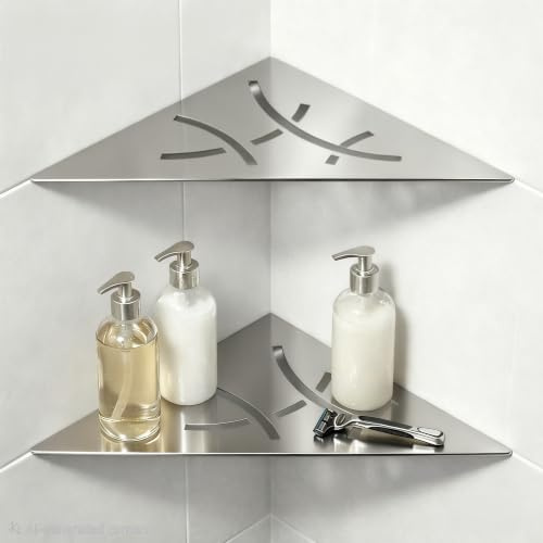 Stainless Steel 304 Corner Shower Shelf Wall Mount, Set of 2 | Rustproof & Waterproof, Brushed Finish, Grout Line Install, 2 mm Thick Steel, Triangular Design