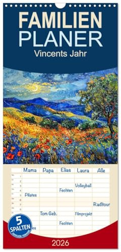 Familienplaner 2026 - Vincents Jahr mit 5 Spalten (Wandkalender, 21 cm x 45 cm), CALVENDO: KI-Gemälde im Stil von Vincent van Gogh (CALVENDO Kunst)
