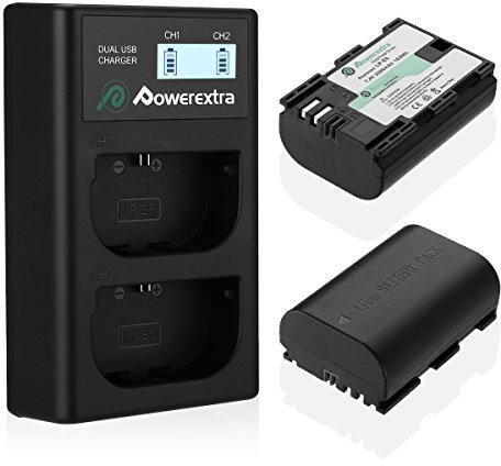 Powerextra 2 Stück Ersatzakku für LP-E6 und LCD Dual Ladegerät passend zu EOS 60D 60Da 70D 80D 5D Mark II III 6D 7D Mark II