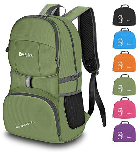Bekahizar Handgepäck Rucksack 35 Liter, Leichter Faltbarer Reiserucksack für Herren Damen Outdoor Camping Wandern Radfahren Tageswanderungen (armeegrün)