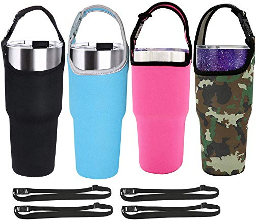 4 Pack Tumbler Carrier Holder with Shoulder Strap,for 30oz Travel Insulated Tumbler Coffee Cup,Water Bottle Carrier with Strap Portable Neoprene Sleeve Water Bottles Cup Carrier Pouch