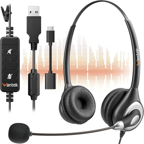 Wantek USB Headset with Microphone – Noise Cancelling Computer Headset for Calls, Lightweight PC Headphones for Office/Home/Call Centre, Compatible with Laptop, Skype, Zoom, Teams (USB-A)