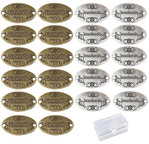 Juland 60 Stück Hand Made Briefetikett Knöpfe Legierung Retro Metall Tag Charm Anhänger Kleider Etiketten Anhänger Tags mit 2 Löcher für Handwerk Nähen Basteln - 32x19mm - Oval Silber+Bronze