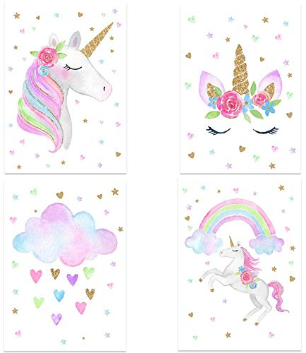ODOOKON 4 Stück Poster Regenbogen-Einhorn, A4 (21x30cm), Ohne Bilderrahmen, Deko Wand Bild, Dekoration Wohnung modern, Zimmer Deko, Leinwandbild Kunstdruck
