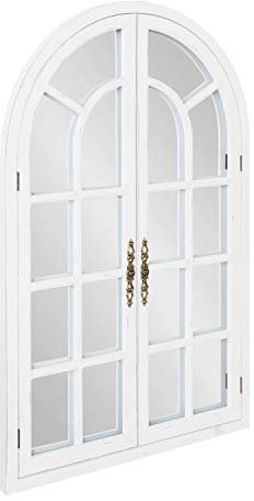Kate and Laurel Boldmere Rustic Windowpane Arch Mirror, 28 x 44, Rustic White, Farmhouse Window Mirror for Wall