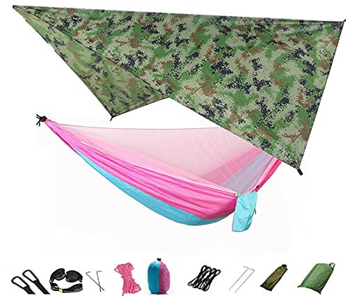 Camping Hängematte Moskitonetz und Hängematte Baldachin Tragbare Nylon Hängematte Regen Fliege Baum Gürtel Wandern Camping Survival Reisen Camouflage Rosa