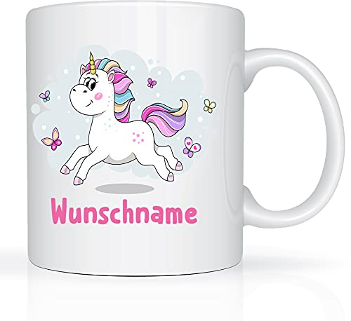Print-Klex Tasse mit Namen und Einhorn Motiv Bedruckt Namentasse Namensbecher springender Einhorn mit Schmetterlingen für Mädchen Kindertasse Weiß Unicorn Spruchtasse Keramik mit Druck 330ml