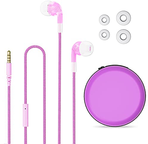 GEEKRIA Kids Wired Earbuds with Mic & Volume Control for School and Online Class, Children's 3.5mm Jack In-Ear Earphone with 85dB Volume Limit for Small Ears, Storage Case Included (Pink)