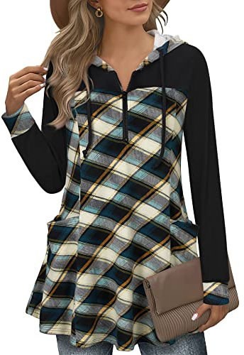 Gaharu Oversize Long Sleeve Oberteil Damen Longhoodies Festlich Elegant Warm Lange Damenpullover Herbst Schönes Business Legere Frauen Blusenkleid Dünne Longtunika Mit Taschen Türkis Kariert, L