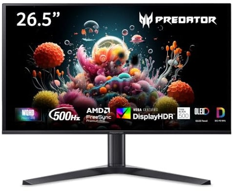 Acer Predator X27UF5 OLED Gaming Monitor 27 Zoll (67,3 cm), WQHD, 500Hz | 27 Zoll (67,3 cm Bildschrim) WQHD, QD-OLED, 500Hz, 0.03ms(GTG), HDMI 2.1, DP 1.4, USB-C (65 Watt), USB HUB, Pivot, VESA