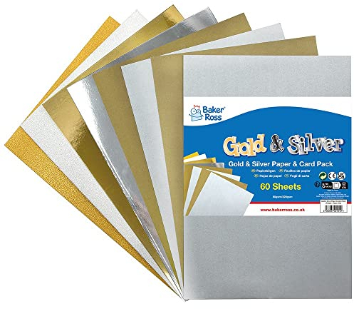 Baker Ross FX323 DIN A4 Bastelpapier und Bastelkarton-60 Blatt, Metallic, Glitzer und Matte Silber und Goldene Papier und Karte Packung, Mittel
