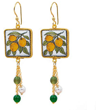 MARARDI Ohrringe Damen Italienische Keramik aus Caltagirona [Zitronen Fliesen] Lange Handmade Italienischer Schmuck Elegant Originale für Alltag Events Hochzeiten besondere Anlässe